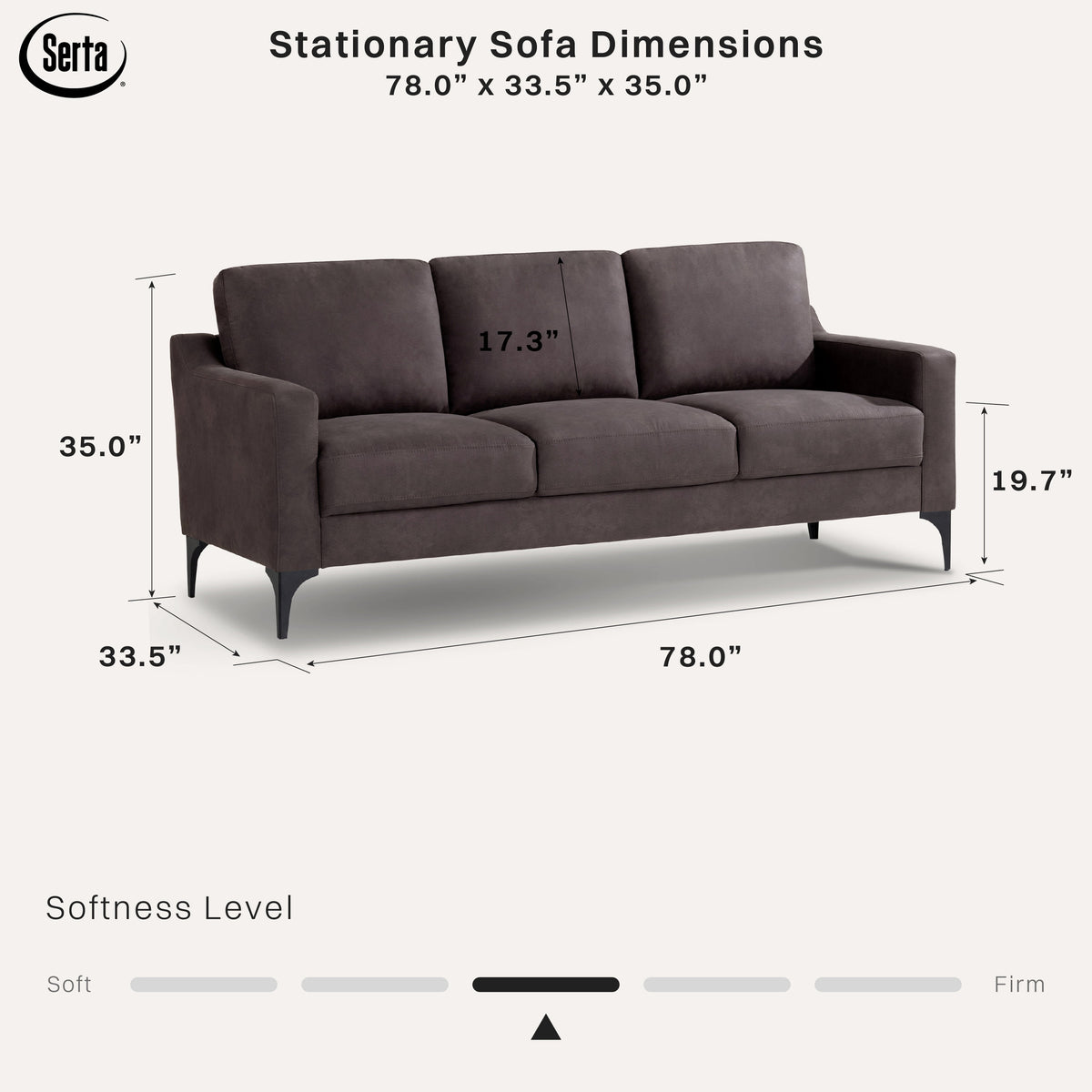 Serta Hemsworth Mid-Century Modern Style Sofa, Charcoal Faux Suede