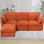 ACMEASE 84? Chenille 3 Seats Sofa W/Movable Ottoman, Modern Fabric L-Shaped Couch with Soft Backrest, Upholstered Sectional Sofa with Armrest Pillows for Living Room, Office,Orange