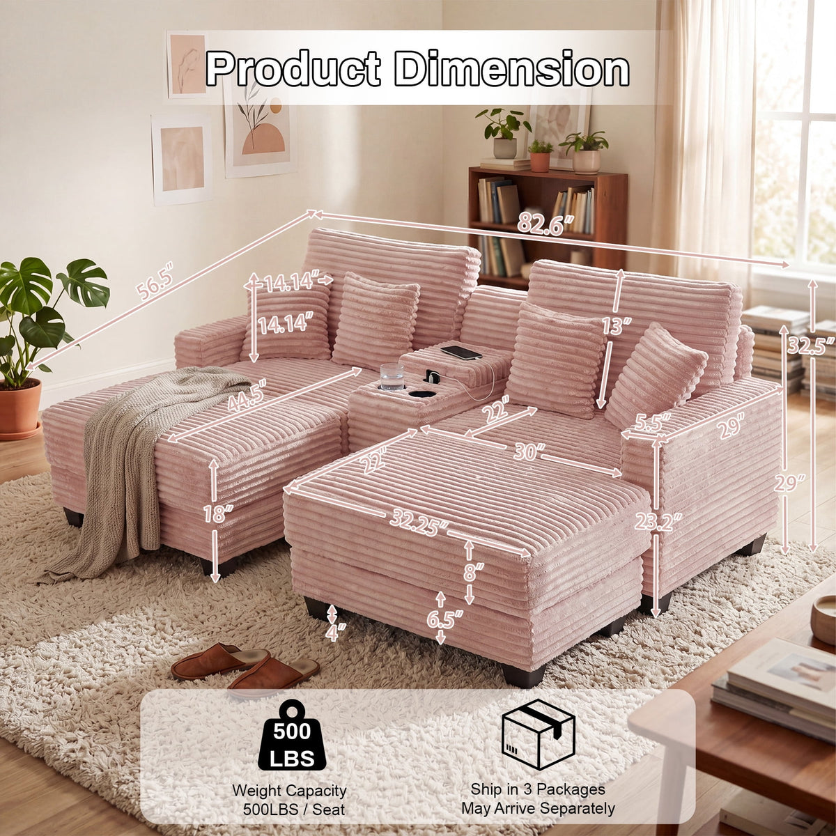 Wiilayok Convertible Modular Cloud Sofa, U Shaped Sectional Sofa Couch with Ottoman,Central Console,Cup Holder, Adjustable Backrest for Living Room, Pink