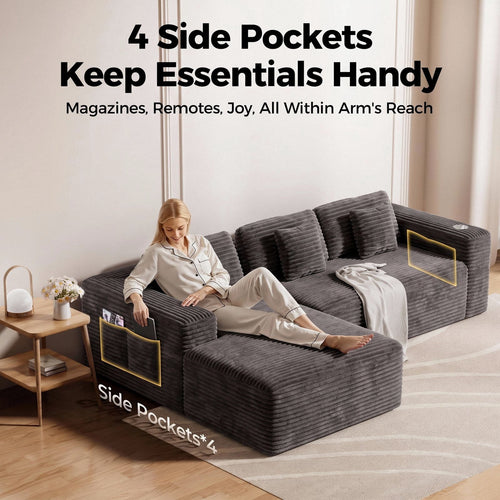 Amsleekey 108" Oversized Modular Sectional Sofa, L-Shape Corduroy Cloud Couch, Modern Sleeper Couches for Living Room with 4 Storage Pockets & Tray, No Assembly Required, Grey (Left Facing Chaise)