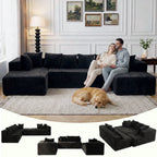  130" Black Sectional Modular Couch, U-Shaped Sofa with Chaise Lounge, Striped Corduroy Upholstered 4-Seater Sofa with Pillow Back and Square Arms