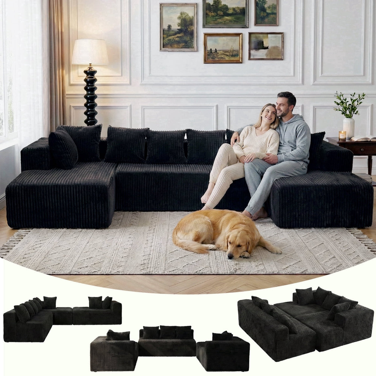  130" Black Sectional Modular Couch, U-Shaped Sofa with Chaise Lounge, Striped Corduroy Upholstered 4-Seater Sofa with Pillow Back and Square Arms