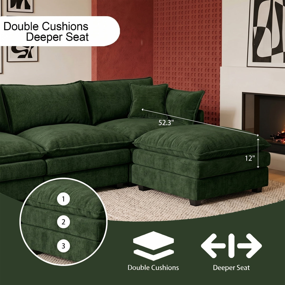 CKEASEAN 102" Chenille Modular Sectional Sofa with Ottoman, 3-Seater L-Shape Cloud Couch with Upholstered & Pillow, Comfy Cloud Sofa for Living Room, Bedroom, Apartment, Office, Easy Assembly