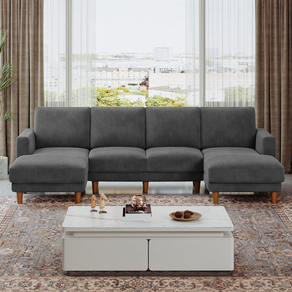 106" Corduroy Sofa for Living Room, U Shaped Couch, Wood Frame, Gray