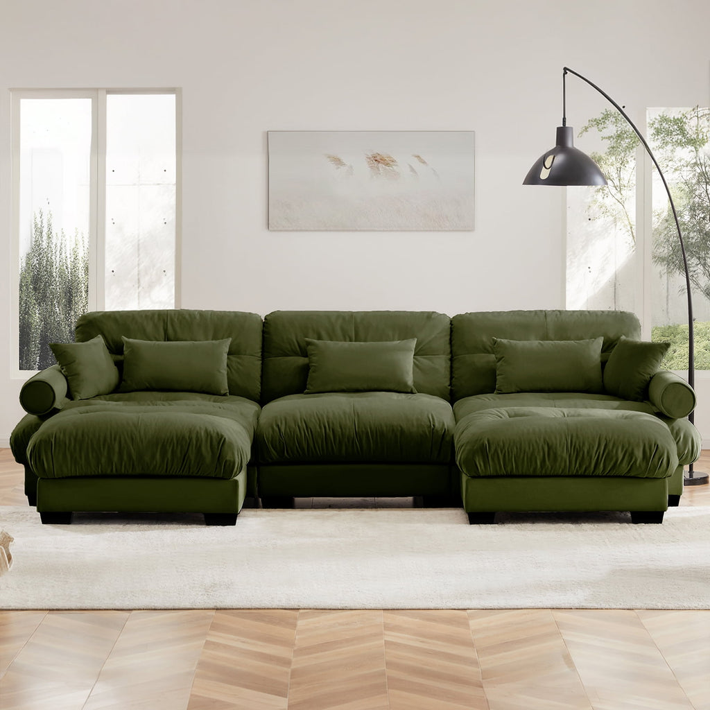 130"Oversized Couch, 3 Seater Modular Sectional Sofa, Olive Green Large U Shaped Sectional Couches for Living Room, Fluffy Couch Set, 3 Seater, Velvet Cloud Couch with Ottoman, Sofas for Living Room