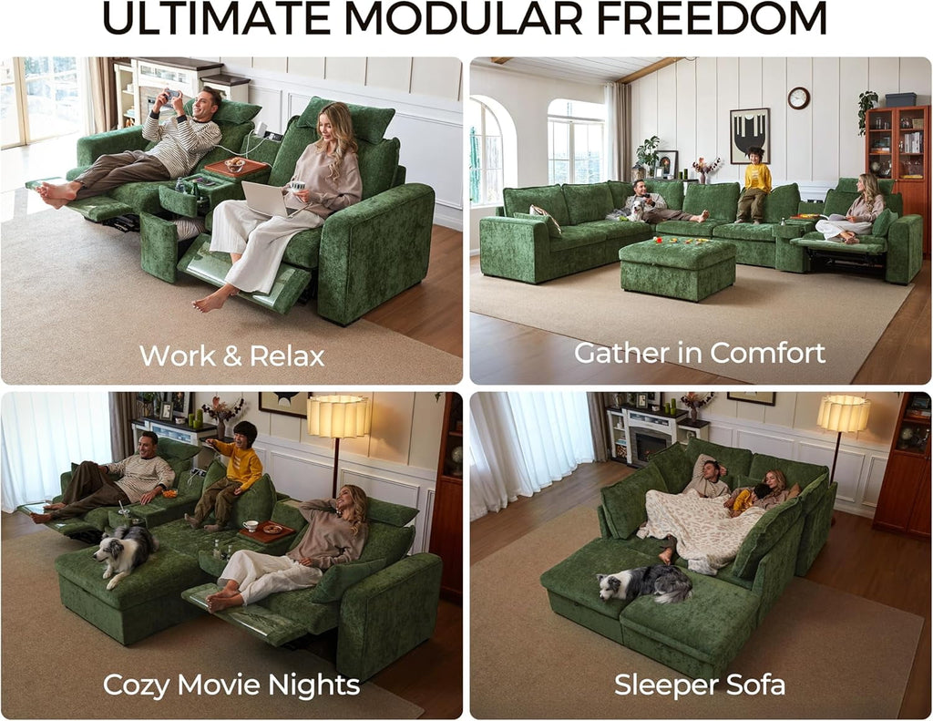 BEDEEP 125'' Power Recliner Sofa with Headrest, Modular Cloud Sectional Chenille Reclining Couch, Convertible 3-Seater Sofa Couch for Living Room RV, Green