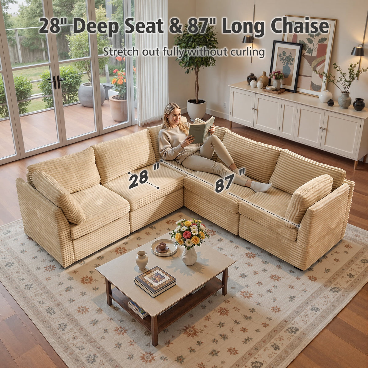  95" Modular Sectional Sofa Deep Seat L-Shaped Cloud Corduroy Couch for Living Room, 5 Seat, Beige