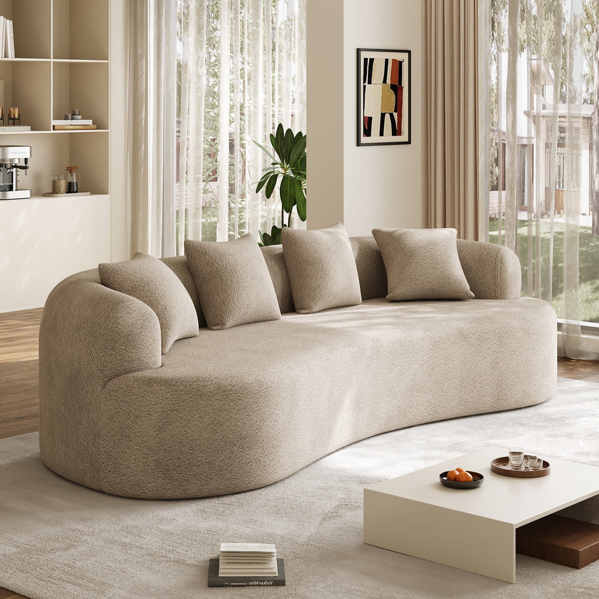 Wiilayok 106.5"Modern Chenille Sofa,Curved Sofa with Deep Seat,Cloud Compression Sofa Couch for Living Room,No Assembly,Light Brown