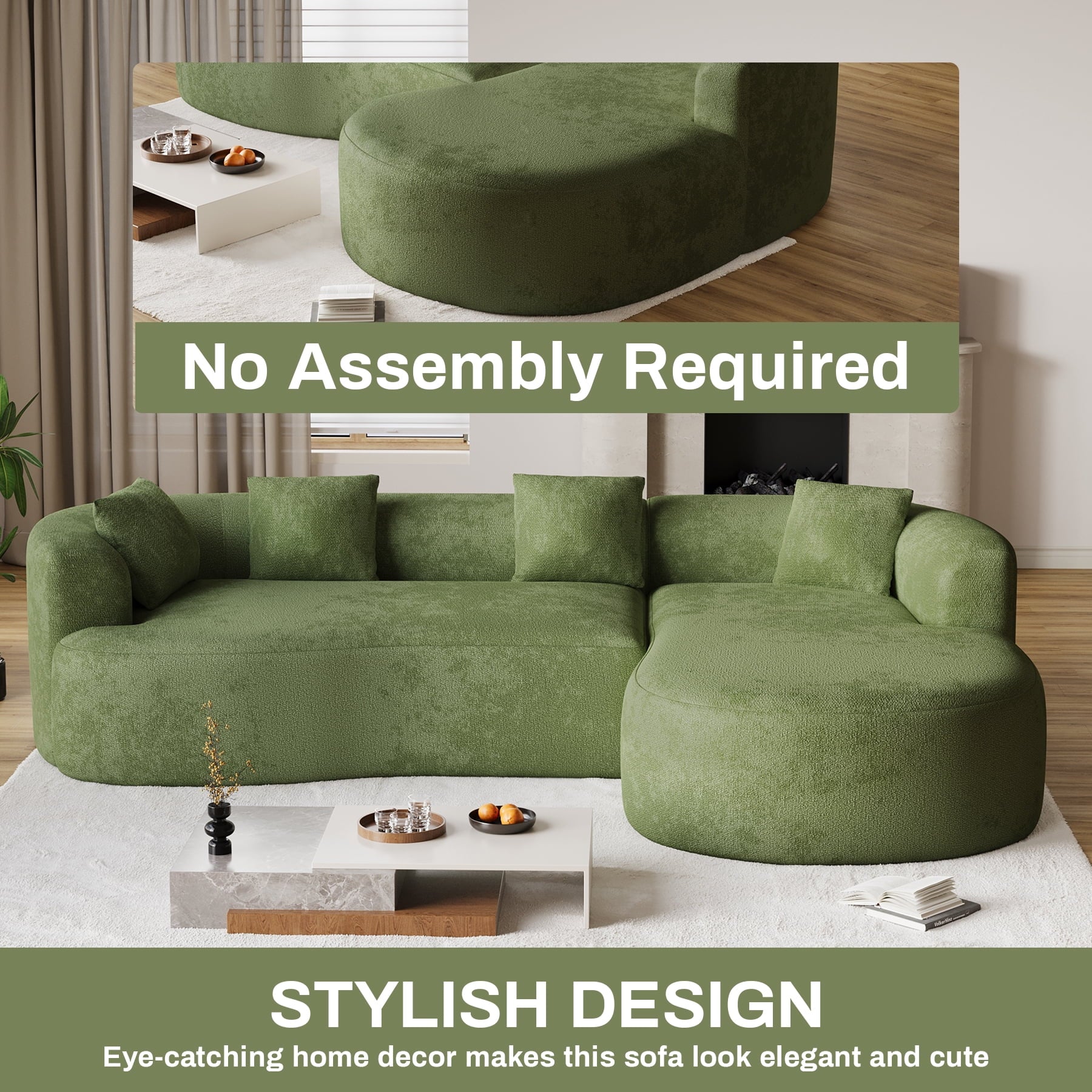 Wiilayok 110" Chenille L Shaped Sectional Sofa,Curved Sofa Couch with Right Chaise,Cloud Compression Deep Seat Sofa Couches for Living Room,No Assembly,Green
