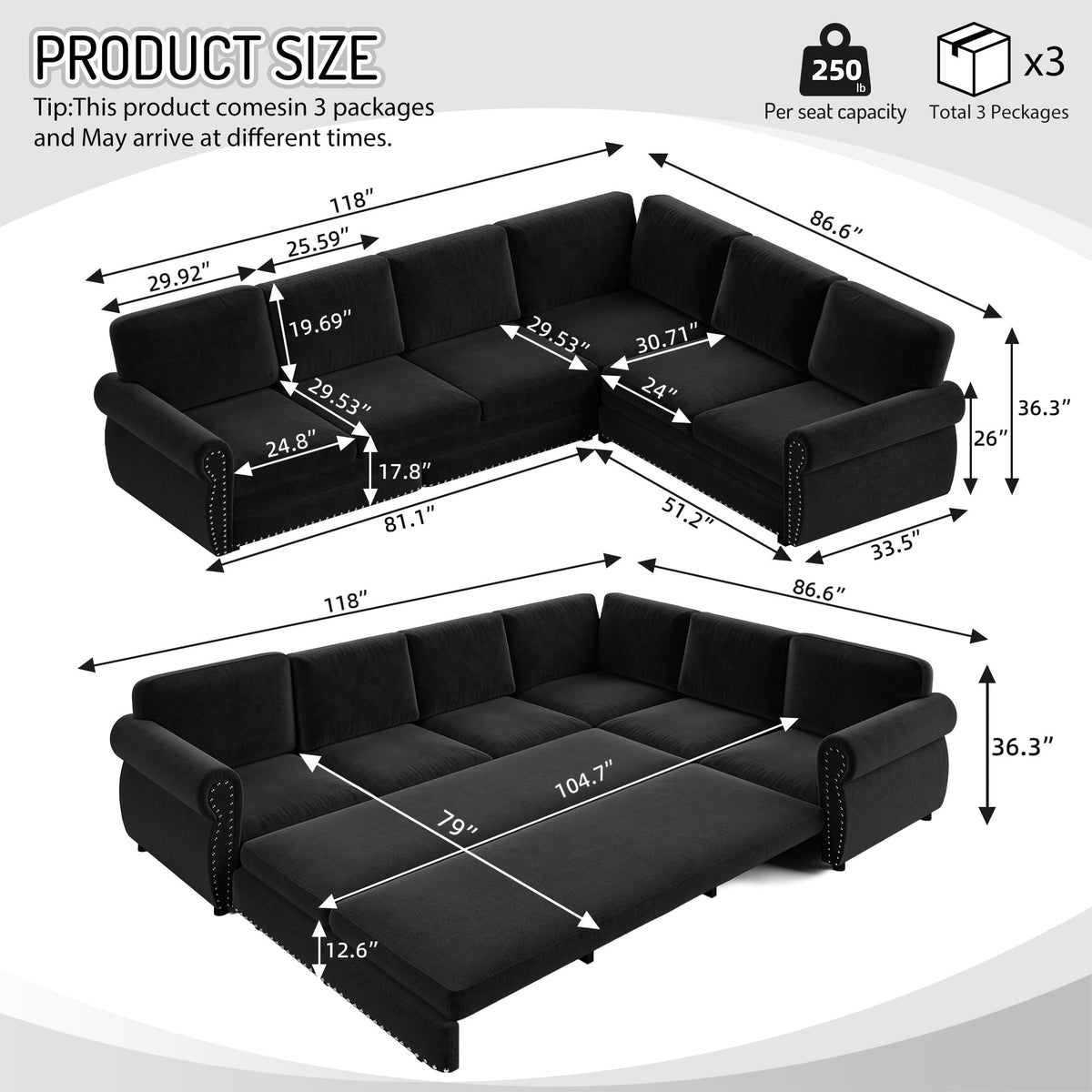  Sectional Sofa Couch, Oversized Chenille Sofa with Pull Out Sofa Bed for Living Room Black