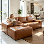  115" Leather Cloud Sectional Sofa Oversized Boneless Couch Modular L-Shaped Sofa for Living Room, Left Chaise, Brown