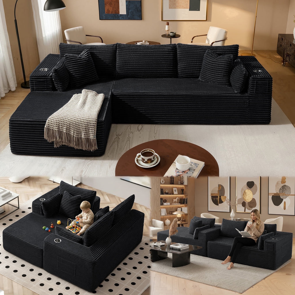 108" Modular Sectional Sofa, L-Shaped Cloud Couch with 59" Extra-Deep Chaise, 75D Memory Foam, Boneless Plush Corduroy Sofa, No Assembly, Black