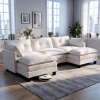 Amsleekey 111.5" U-Shaped Modular Sectional Sofa, Modern Chenille Cloud Couch with 2 Ottomans, Comfy Deep Seat Living Room Furniture, Beige