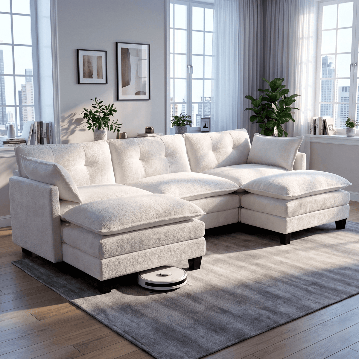Amsleekey 111.5" U-Shaped Modular Sectional Sofa, Modern Chenille Cloud Couch with 2 Ottomans, Comfy Deep Seat Living Room Furniture, Beige