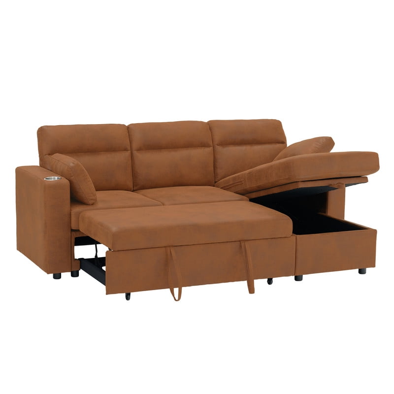 82.5" L-Shaped Convertible Sleeper Sofa, Pull-Out Sectional Sofa Bed with Storage Chaise, Cup Holders & 2 Lumbar Pillows, Modern Sofa Couch for Living Room, Apartment
