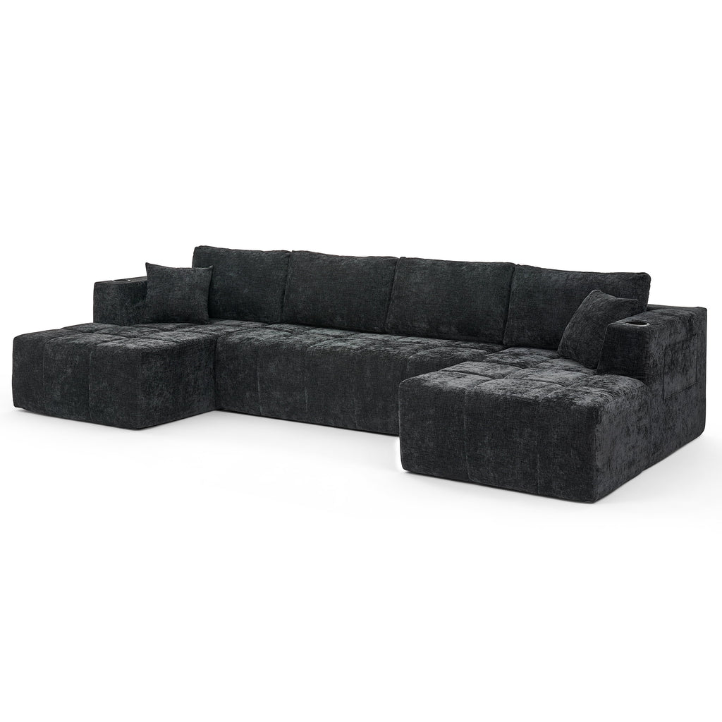  132" U-Shaped Chenille Cloud Sectional Sofa, Boneless Modular Couch with Cup Holders & Side Pockets, No Assembly Compressed Living Room Sofa, Black