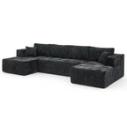  132" U-Shaped Chenille Cloud Sectional Sofa, Boneless Modular Couch with Cup Holders & Side Pockets, No Assembly Compressed Living Room Sofa, Black