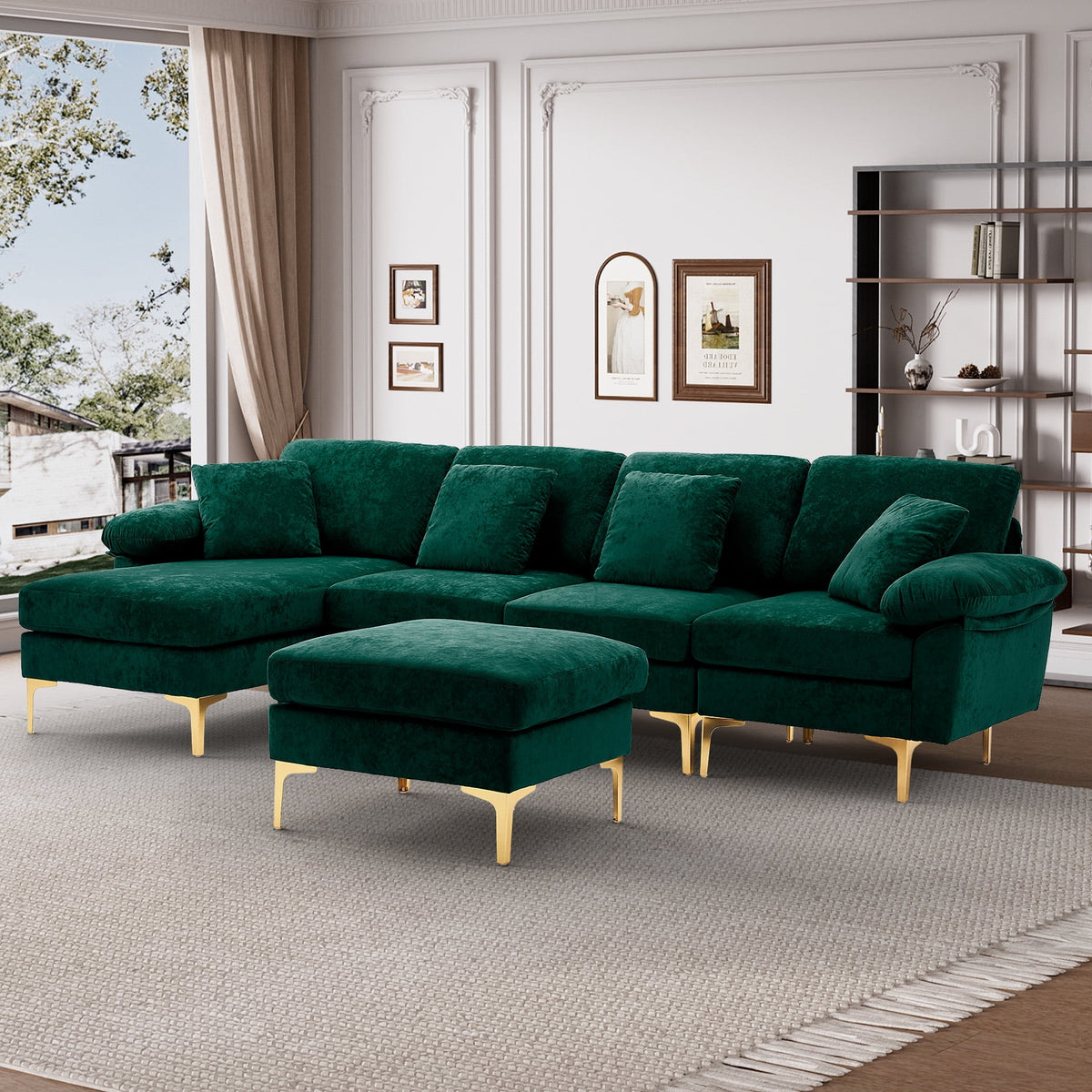 Wiilayok 114" U-Shaped Sectional Sofa,Velvet Modular 4 Seat Sofa Set for Living Room,Convertible L Shaped Sofa Couch Set with Chaise Lounge, Ottoman and Pillows