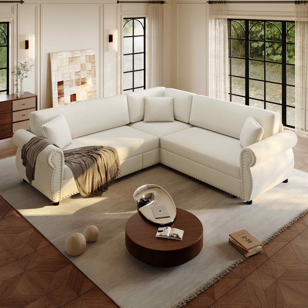 FFH 88.2" Sectional Sofa with Pull Out Bed, Convertible Sleeper Sofa, 5 Seater Chenille Couch for Living Room, Beige