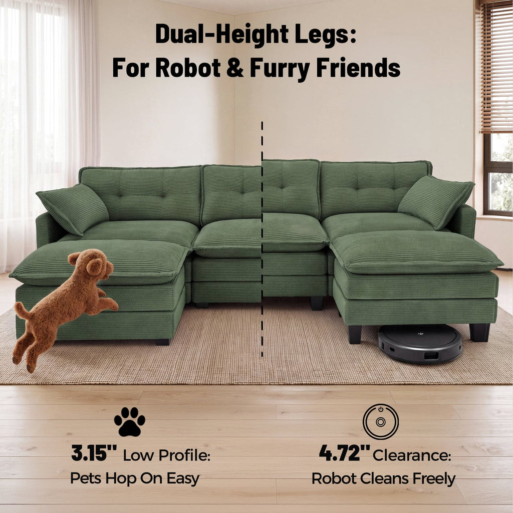 Amsleekey 111.5" Modular Sectional Sofa with 2 Movable Ottomans, U-Shaped Modern Corduroy Cloud Couch for Living Room, Comfy Deep Seat, Green