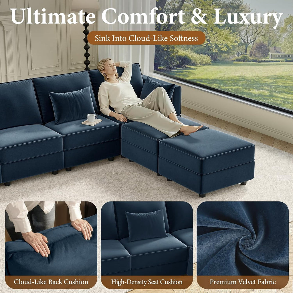  Sectional Couches with Storage Seats, 118" L Shaped Convertible Modular Sectional Sofa, 4 Seat & 1 Ottoman Velvet Storage Chaises Deep Seat Couch for Living Room, Bedroom, Apartment, Blue