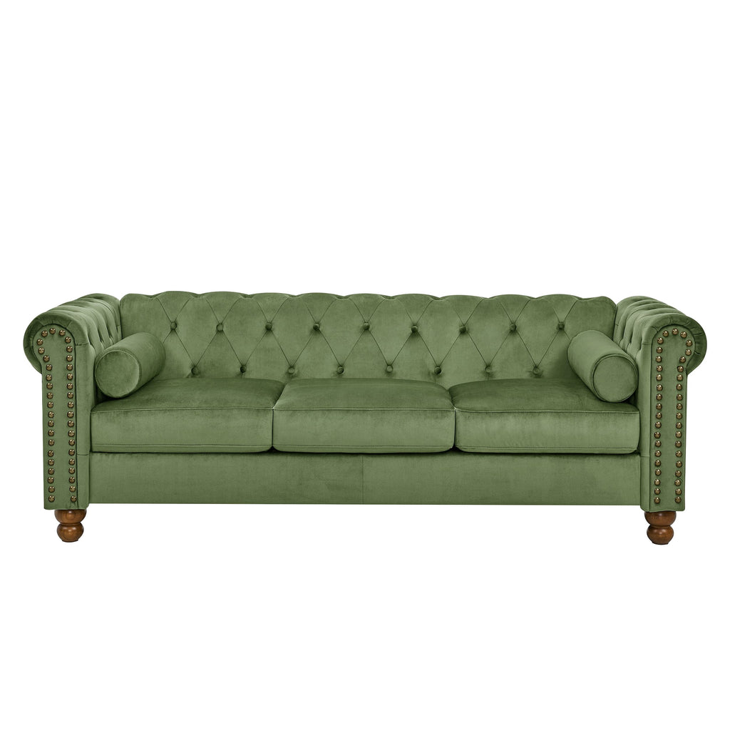 AmoDwell Tufted Velvet Sofa Couch for Living Room, Plush Rolled Arm 3-Seater Sofa Couch with Nailhead Trim and 2 Neck Roll Pillows, Small Apartment Chesterfield Sofa