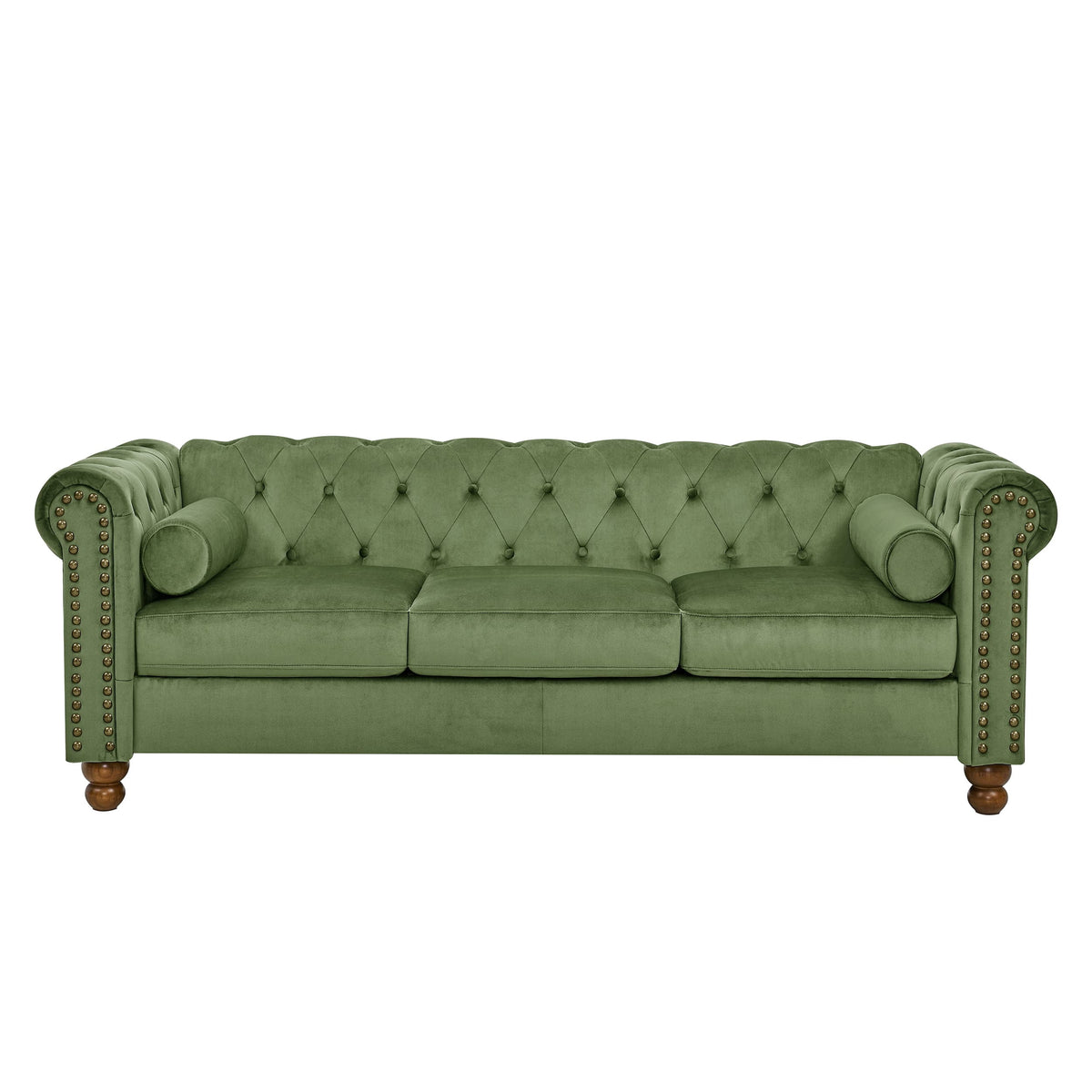 AmoDwell Tufted Velvet Sofa Couch for Living Room, Plush Rolled Arm 3-Seater Sofa Couch with Nailhead Trim and 2 Neck Roll Pillows, Small Apartment Chesterfield Sofa