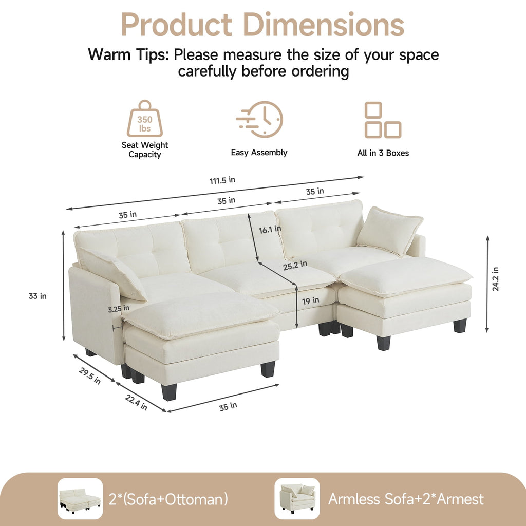 Amsleekey 111.5" U-Shaped Modular Sectional Sofa, Modern Chenille Cloud Couch with 2 Ottomans, Comfy Deep Seat Living Room Furniture, Beige