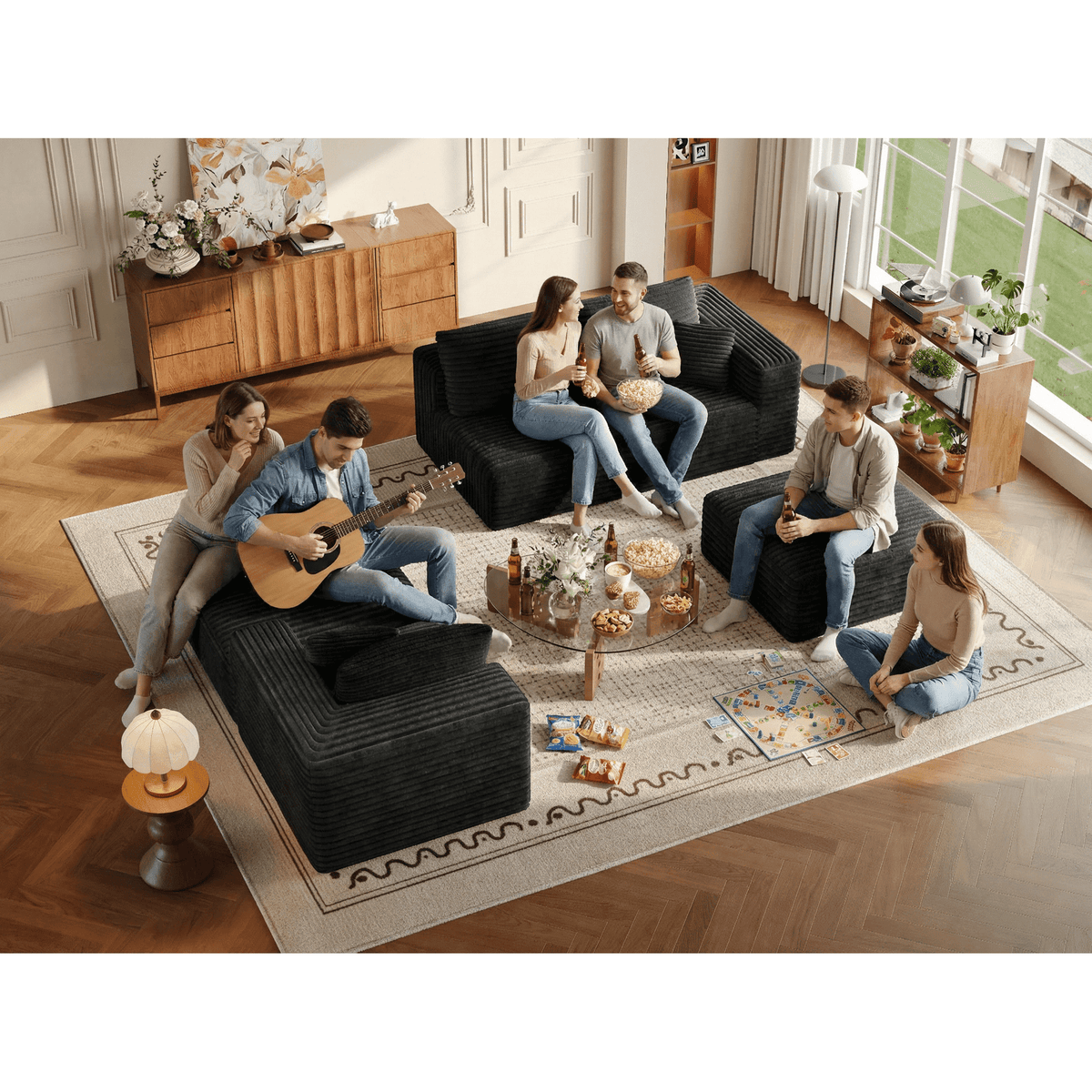 Pionex 108" Sectional Couch with Ottoman, Cloud Modular Boneless Couch, Deep Seat U-Shaped Sofa, Upholstered 3-Seater Sofas for Living Room, No Assembly Required