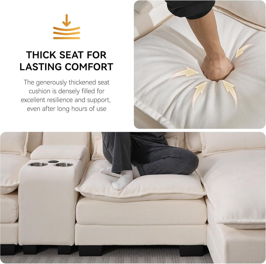 125'' U Shaped Cloud Modular Sectional Sofa with Chaise Lounges, Chenille Upholstered Comfy Couch with Storage Console, USB Charging Ports & Cup Holders, Modern Deep Seat Sofa for Living Room, Beige