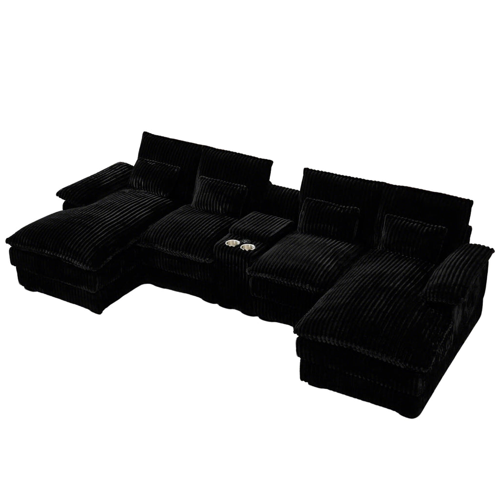 Vinform 124" U Shaped Cloud Couch Sectional with USB Charging, Hidden Storage, Cup Holders & Double Chaise, Black