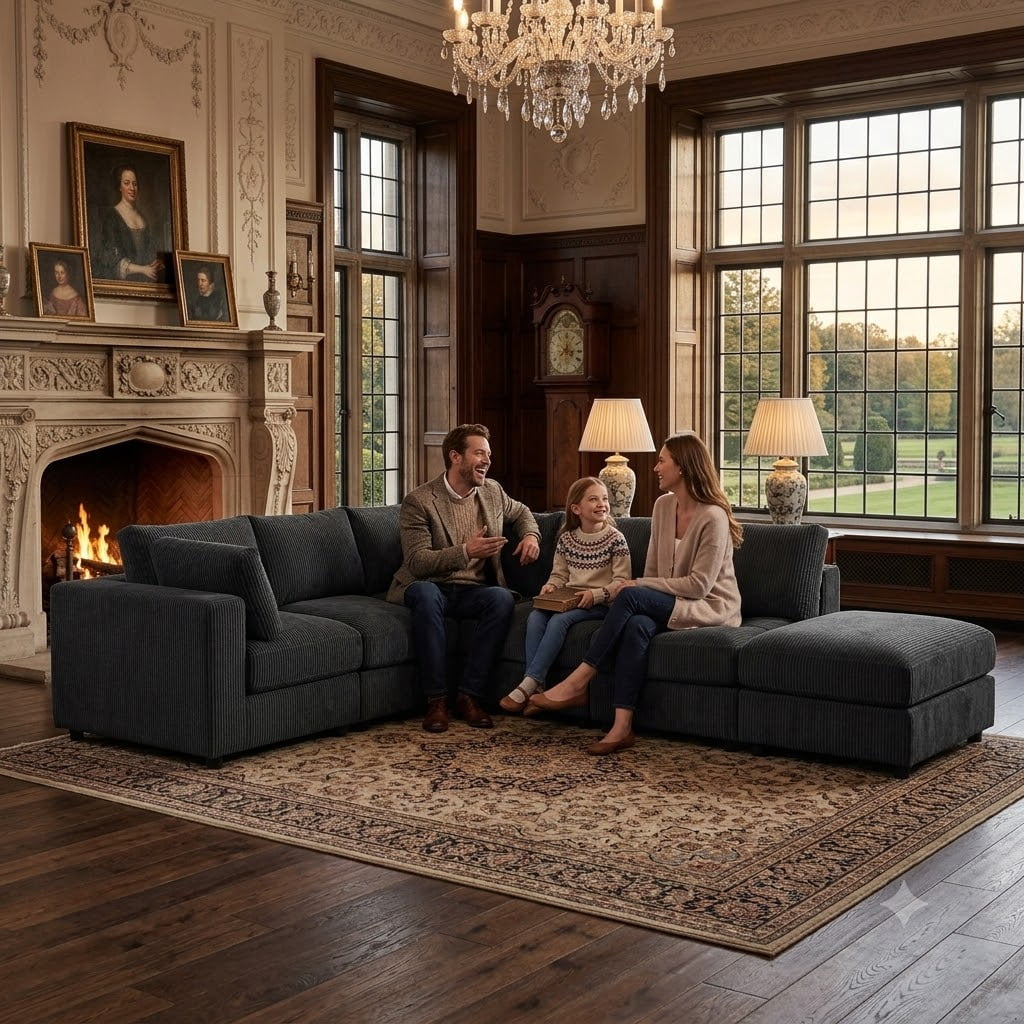  Cloud Couch Modular Sectional Sofa 6 Seat 122" L Shaped Reversible Convertible Couch, Corduroy Thick Cushion with Movable Ottomans, Washable Removable Cover for Living Room,Black