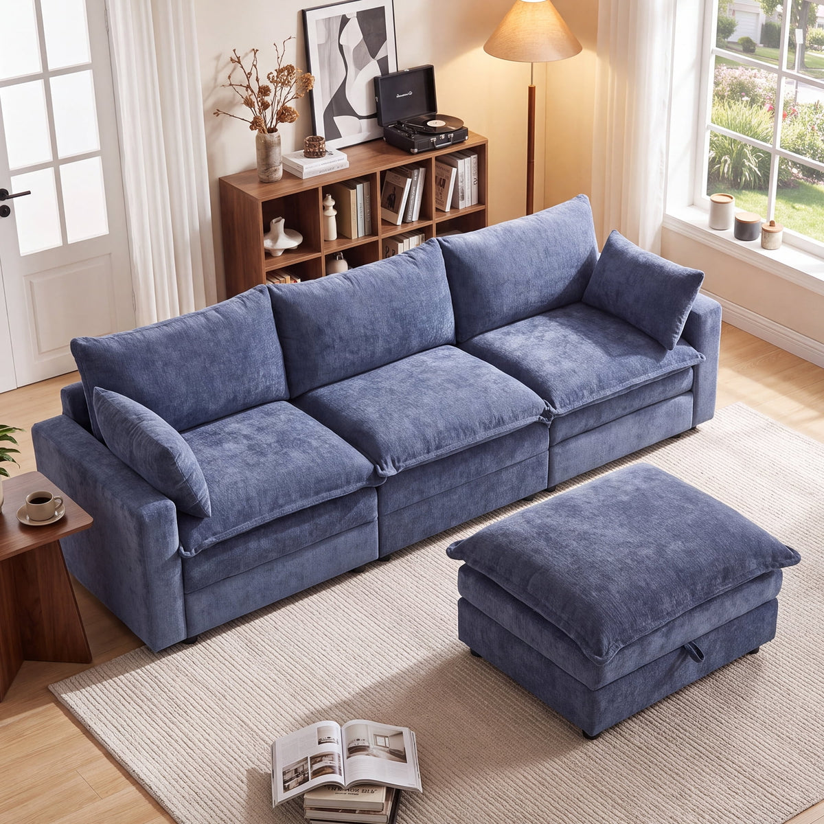  Modular Sectional Sofa, 112.9" L-Shaped Ultra-Comfort Sofa with Storage Ottoman, Modern Chenille Cloud Couch for Living Room & Family Room, Royal Blue