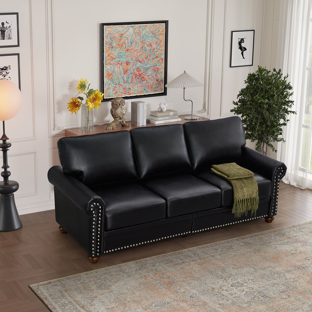 Classic Faux Leather Sofa, 3 Seaters Upholstered Couch with Nailhead Trim and Removable Cushions for Living Room Office Apartment