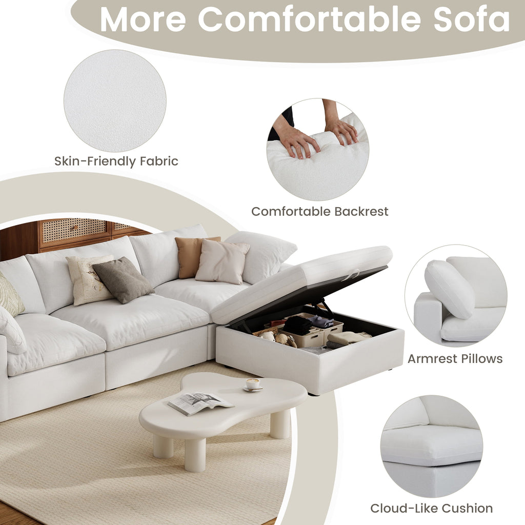 The Magic Home 118" Sofa Couch, Cloud Modular Sectional Sofa with Removable Storage Ottoman, L Shaped Linen Modern Comfy for Living Room, Apartment, Office, DIY Combination, 3 Seater White Couch