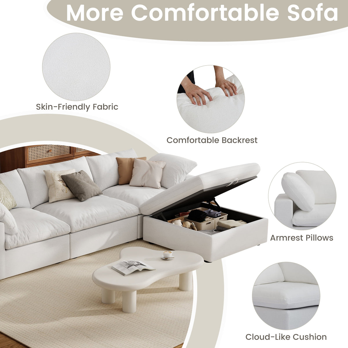 The Magic Home 118" Sofa Couch, Cloud Modular Sectional Sofa with Removable Storage Ottoman, L Shaped Linen Modern Comfy for Living Room, Apartment, Office, DIY Combination, 3 Seater White Couch