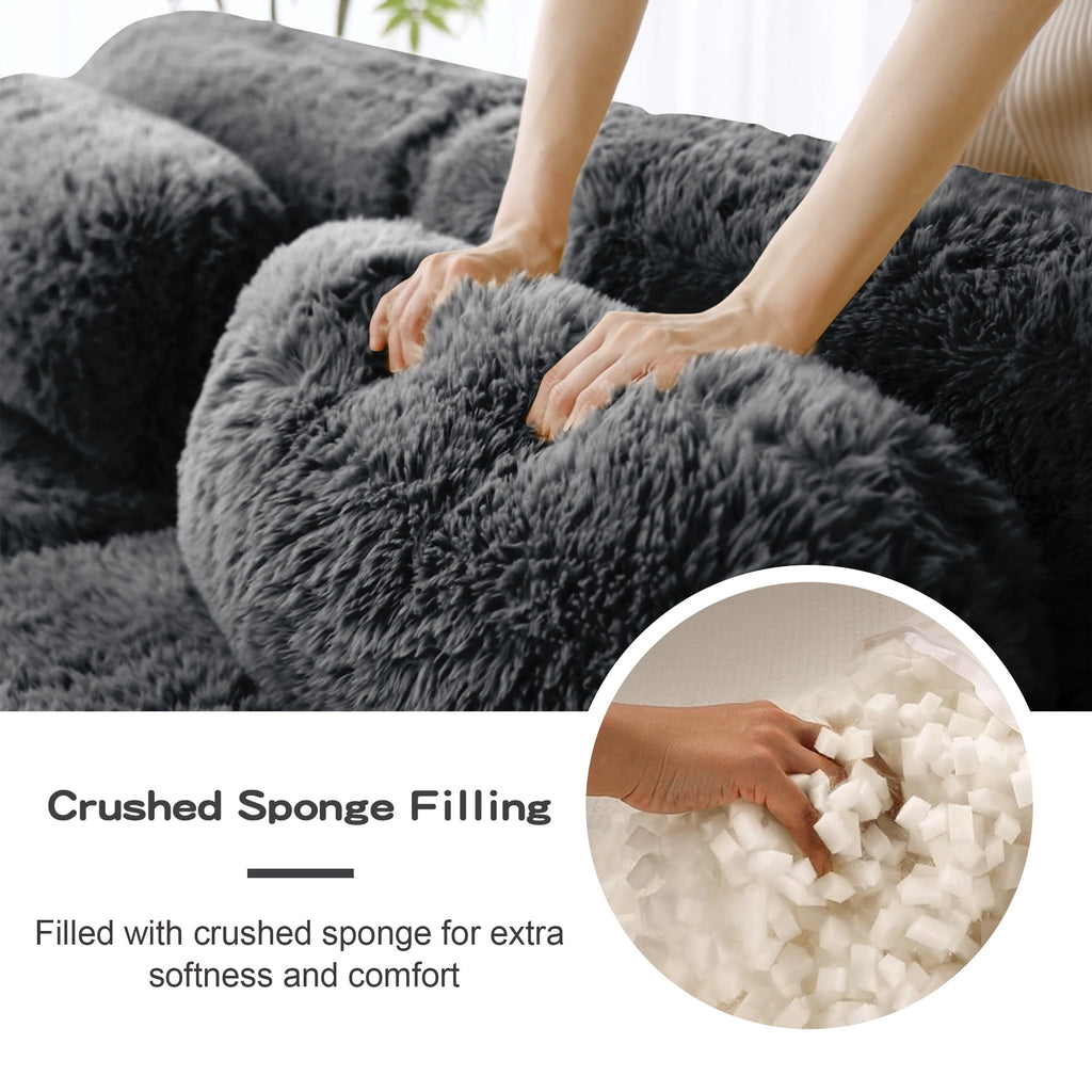 Homefun 114" L-Shaped Plush Sectional Sofa with Movable Ottoman No Assembly 32D Sponge Anti-Slip Bottom,Dark Grey