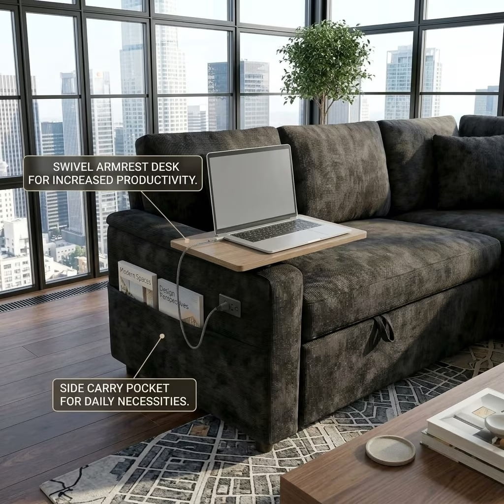 EPOWP 108" Modular Sectional Sleeper Sofa,7-Seater L-Shaped Pull Out Sofa Bed with Adjustable Backrest, Side Table & Charging Ports, Chenille Upholstered Sectional Couch for Living Room,Black
