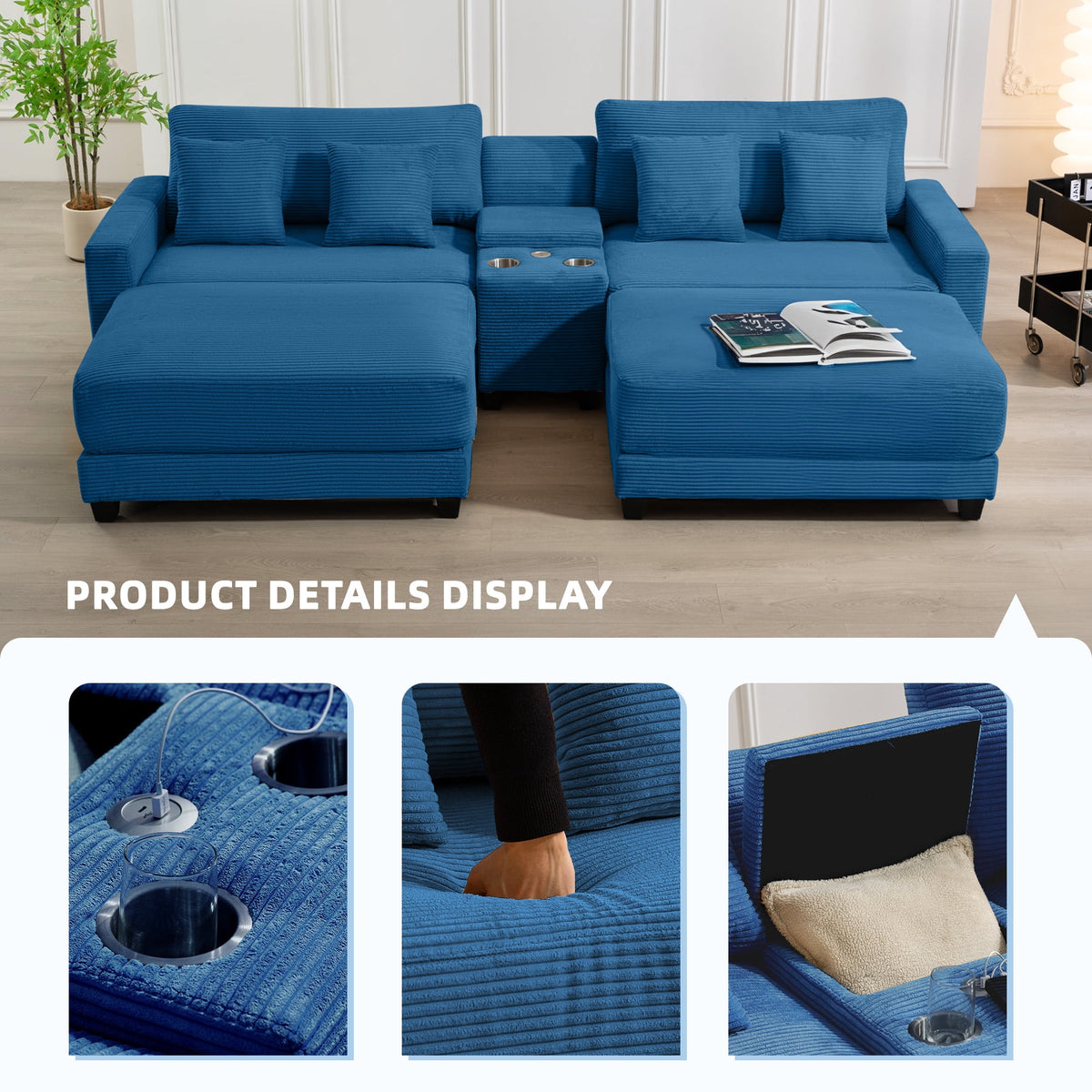 RIAFUN 111.8" U-Shaped Modular Sectional Sofa with 2 Ottomans, 4-Seat Oversized Corduroy Couch with Storage Box, USB/Type-C Port & 2 Cup Holders for Living Room, Navy