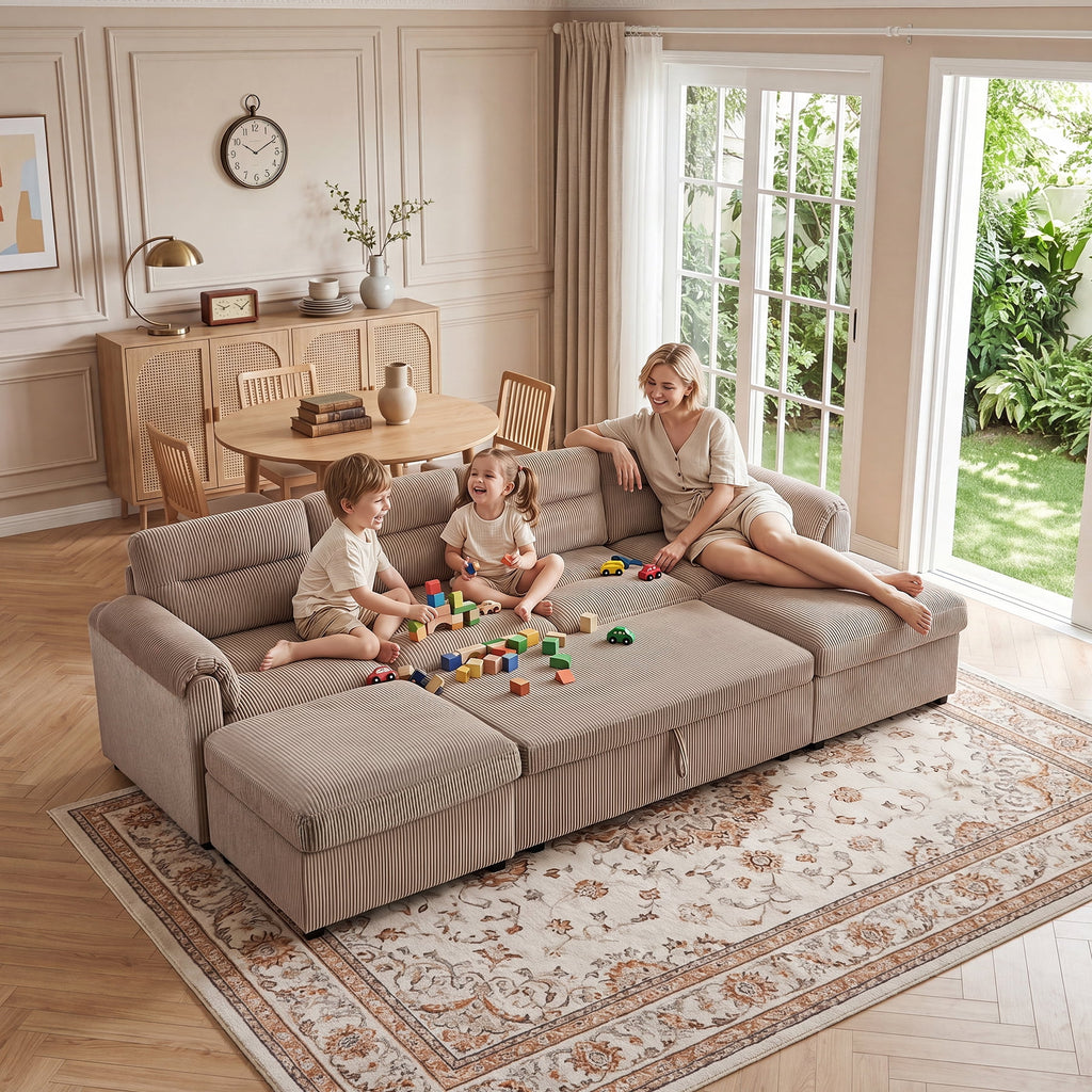  Modular Corduroy Sectional Sofa with Pull Out Sleeper, Convertible U-Shaped Couch, Free Combination Upholstered Sofa Bed for Living Room