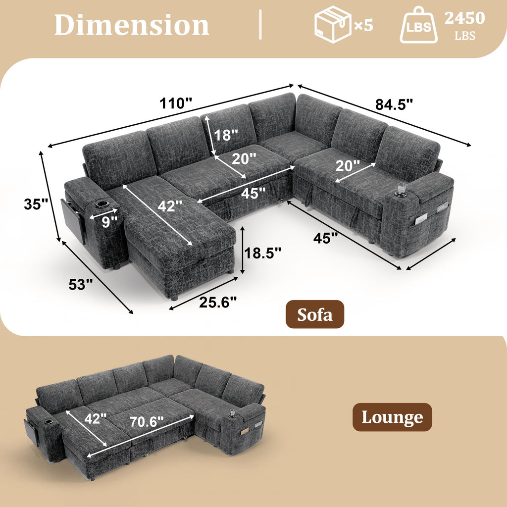 110" Modular Sectional Sleeper Sofa with Pull Out Bed, 7 Seat Plush L Shaped Couch with Storage Chaise|USB Ports|Cup Holders|Side Table|Storage Armrests, Tool Free Assembly, Chenille Fabric Dark Gray