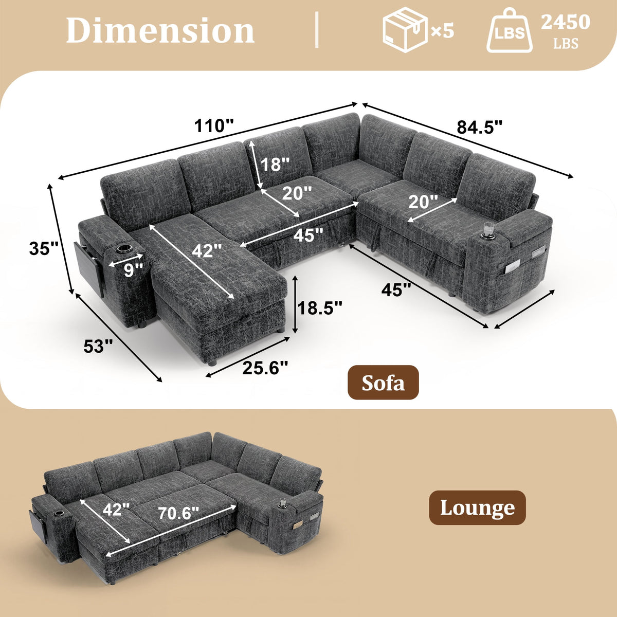 110" Modular Sectional Sleeper Sofa with Pull Out Bed, 7 Seat Plush L Shaped Couch with Storage Chaise|USB Ports|Cup Holders|Side Table|Storage Armrests, Tool Free Assembly, Chenille Fabric Dark Gray