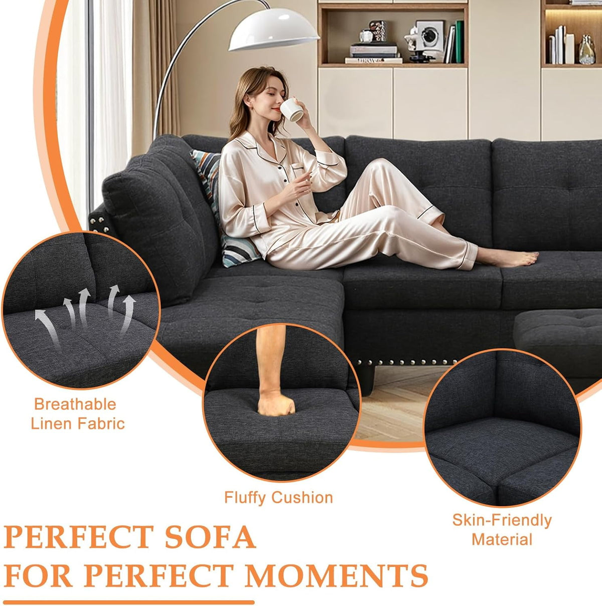  L Shaped Sectional Sofa, 4 Seater Couch with Chaise Lounge, Storage Ottoman, Cup Holders and Pillows, Modern Linen Fabric Couch for Living Room,Charcoal Gray