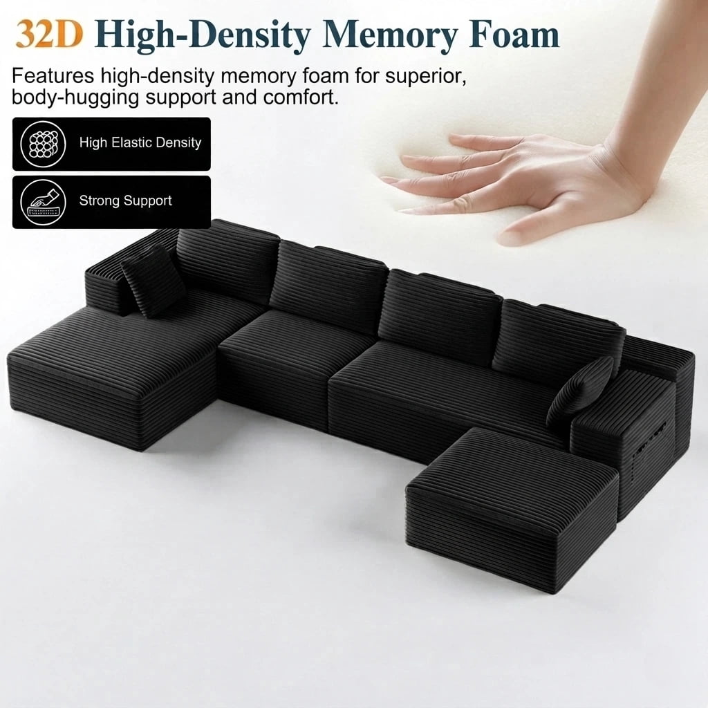 U-Shape Sectional Sofa, 135'' Modular Sectional Couch with Chaise Lounge, Couch Comfy Corduroy Floor Sofa for Living Room, Corduroy Upholstered 4-Seater Sofa with Pillow Back and Square Arms,