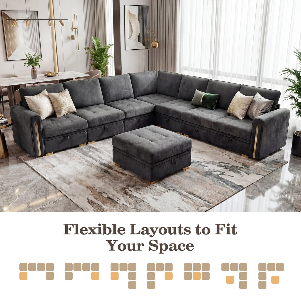 Advwin 126" U-Shaped Oversized Modular Sectional Sofa with Ottoman, Storage Under Each Seat & Gold Metal Accents, 5-Seater Modern Luxury Chenille Convertible Cloud Couch for Living Room, Dark Gray