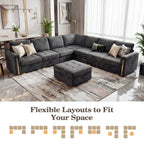 Advwin 126" U-Shaped Oversized Modular Sectional Sofa with Ottoman, Storage Under Each Seat & Gold Metal Accents, 5-Seater Modern Luxury Chenille Convertible Cloud Couch for Living Room, Dark Gray