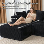  130" Black Sectional Modular Couch, U-Shaped Sofa with Chaise Lounge, Striped Corduroy Upholstered 4-Seater Sofa with Pillow Back and Square Arms