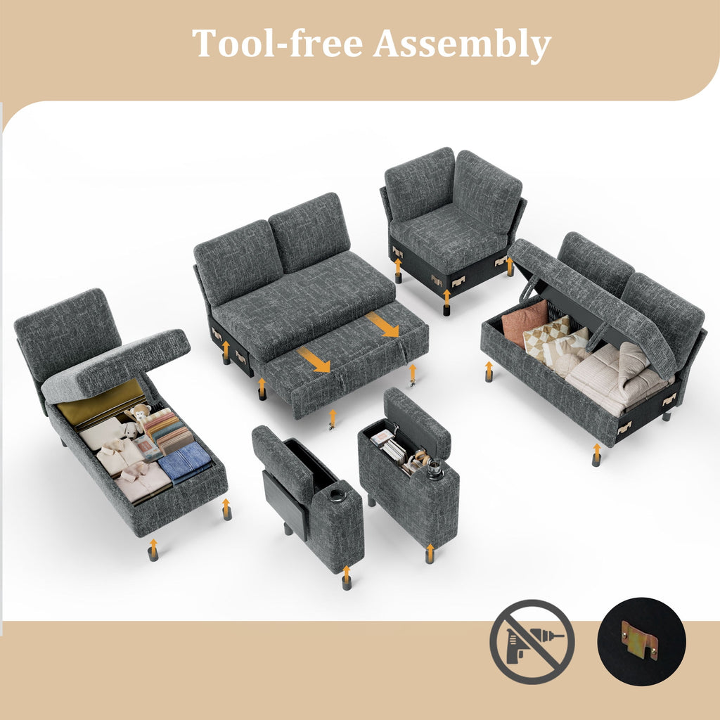 110" Modular Sectional Sleeper Sofa with Pull Out Bed, 7 Seat Plush L Shaped Couch with Storage Chaise|USB Ports|Cup Holders|Side Table|Storage Armrests, Tool Free Assembly, Chenille Fabric Dark Gray