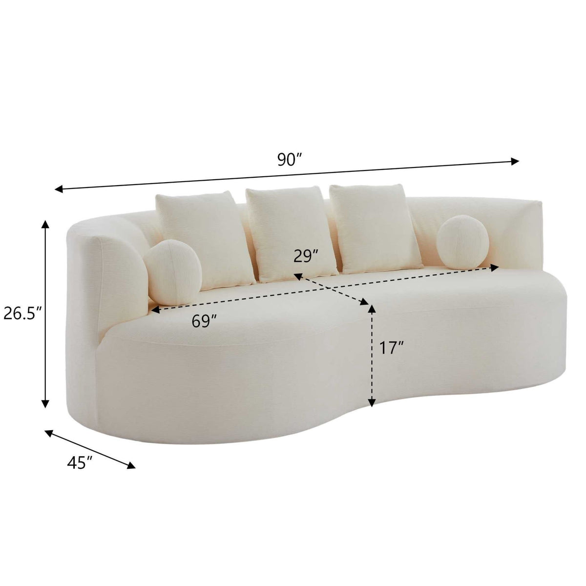 Christopher Knight Home 90" Curved Boucle Sofa with Pillows, Modern 3-Seat Upholstered Couch, White