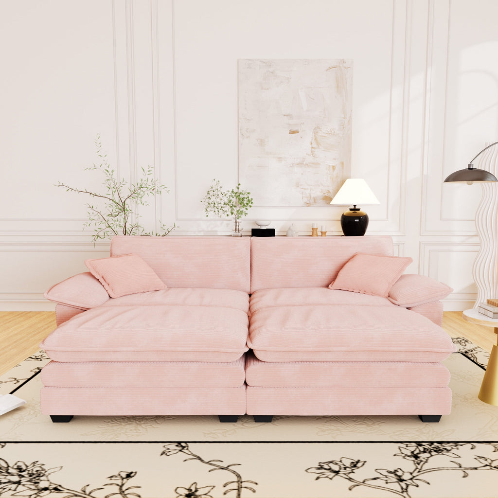 Muumblus Comfy Modular Sectional Sofa with 2 Ottoman, Deep Seat 80.5" Modern Oversized Corduroy Cloud Couch, Fluffy Deep Seat Chaise Lounge Sleeper Sofa for Living Room Apartment, Pink